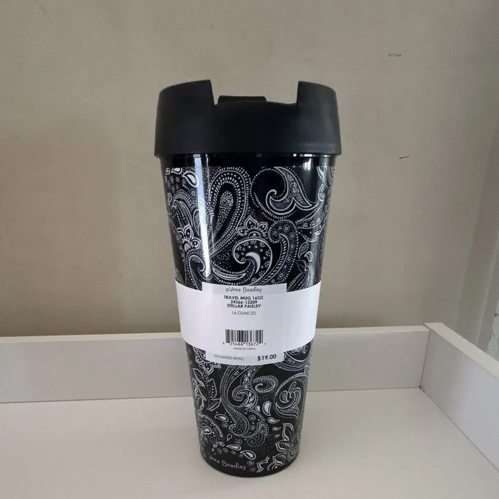 Vera Bradley Travel Mug Black/White Stellar Paisley 16 oz BPA-Free NEW